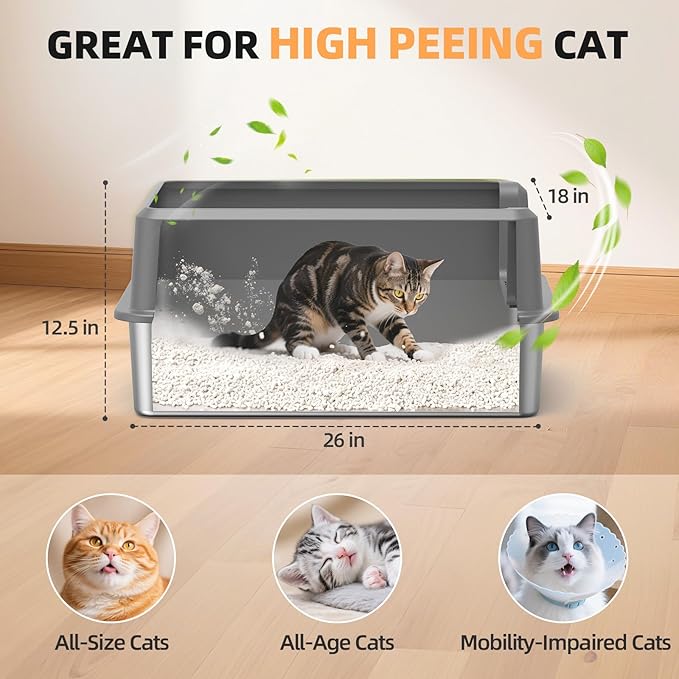 Enclosed Stainless Steel Cat Litter Box with Lid, XL Extra Large Litter Box for Big Cats, Metal Litter Pan High Sided, Never Absorbs Odors, Anti-Urine Leakage, Include Scoop (65-LightGray)