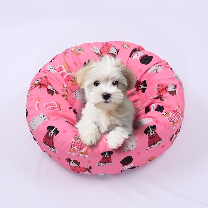 Round Replacement Dog Bed Covers Elastic Edged Washable Pet Bed Protector with Pink Dog Pattern Design for Small & Medium Pet Beds, Cover Only (Pink, 30 x 9.8 Inch)