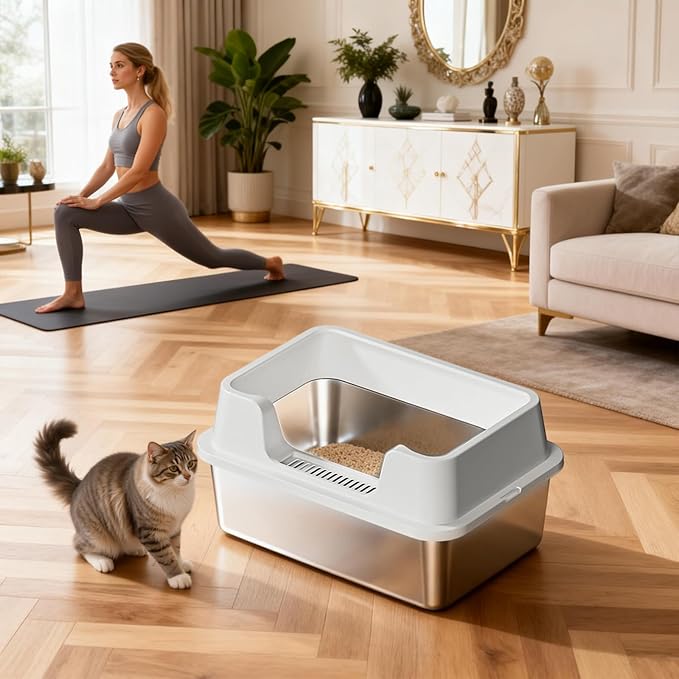 Stainless Steel Litter Box, XL Enclosed Cat Litter Boxes with Lid for Big Cats and Multi-Cats, High Sided, Anti-Urine Leakage Non-Stick Bottom Include Scoop Easy to Clean