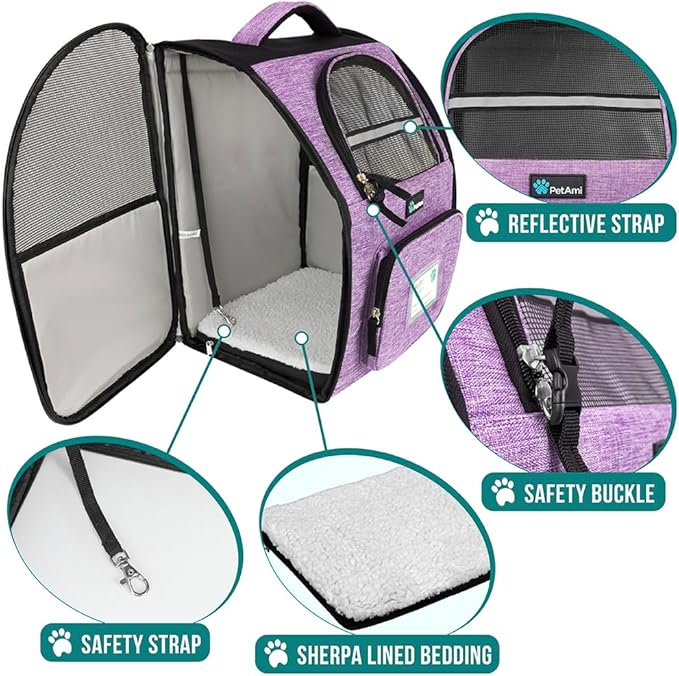 PetAmi Dog Backpack Carrier for Small Large Cat, Pet, Puppy, Ventilated Pet Hiking Backpack Travel Bag, Airline Approved Cat Backpack Carrier, Camping Biking Dog Bag Up to 18lbs Pet, Purple