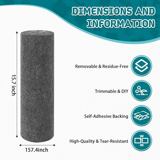 Climbing Cat Scratcher Mat Trimmable Cat Scratching Post Carpet 157.4’’x15.8’’ Self Adhesive Carpet Mat Pad Replacement for Cat Tree Shelves Post Couch Wall Furniture Steps DIY Protector (Dark Gray)