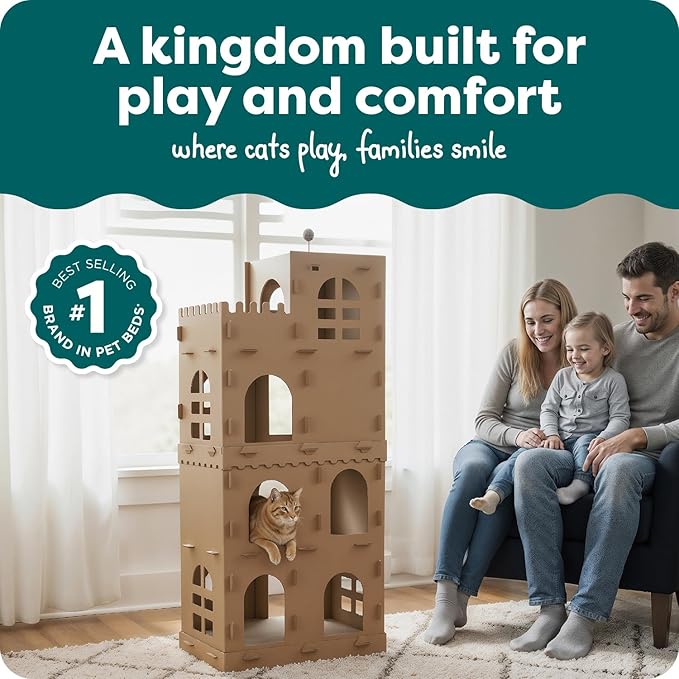 FurHaven Castle Tower Multi-Level Cardboard Cat House for Indoor Cats with Catnip & Toys, Double-Walled Corrugated Scratcher Designed for Lounging, Play & Comfort, One Size, Cardboard, Brown