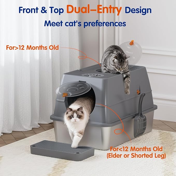 Stainless Steel Litter Box with Lid, XL Extra Large Cat Litter Box Enclosure, Front & Top Entry Covered Metal Cat Box with Steps & Scoop, Easy Cleaning