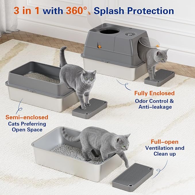 Stainless Steel Litter Box with Lid, XL Extra Large Cat Litter Box Enclosure, Front & Top Entry Covered Metal Cat Box with Steps & Scoop, Easy Cleaning