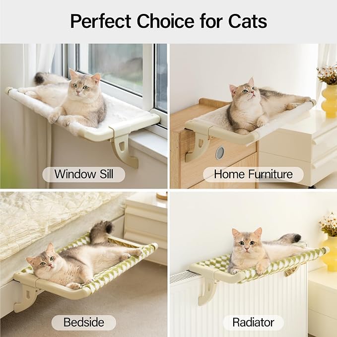 MEWOOFUN Window Sill Perch for Indoor Cats, One-Step Sliding Clamping Slot Adjustment Cat Hammock With Removable Covers, Bed for Windowsill & Bedside (Beige, Large)