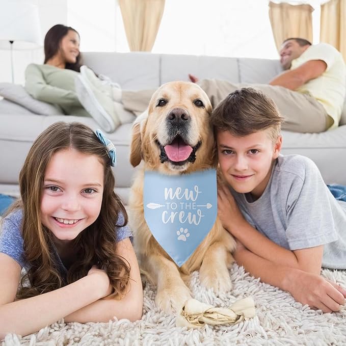New to The Crew Dog Bandana Puppy Gift for New Owners Gender Reveal Dog Scarf Accessories Baby Announcement Photo Props for Large Medium Small Dogs (Blue)