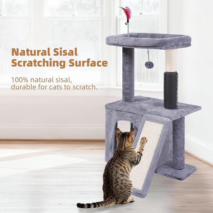Cat Tree with Self-Grooming Brush and Interactive Toys, Cat Tree Tower for Indoor Cats, Cat Tower with Sisal Scratching Post and Scratching Pads, Cat Condo with Padded Perch, Grey