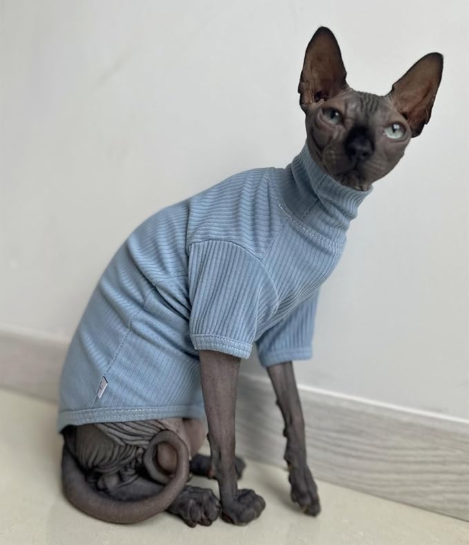 Sphynx Hairless Cats Shirt Cotton Cat Turtleneck Sweater Pullover Kitten T-Shirts with Sleeves Cat Pajamas Jumpsuit for Sphynx Cornish Rex, Devon Rex, Peterbald (Sky Blue, XX-Large (Pack of 1))