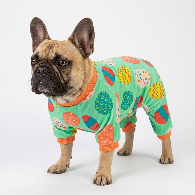 Fitwarm Easter Egg Dog Pajamas, Holiday Dog Clothes for Small Dogs Girl Boy, Pet Easter Outfit, Puppy Cat Onesie, Lightweight Velvet, Light Green, Orange, Large