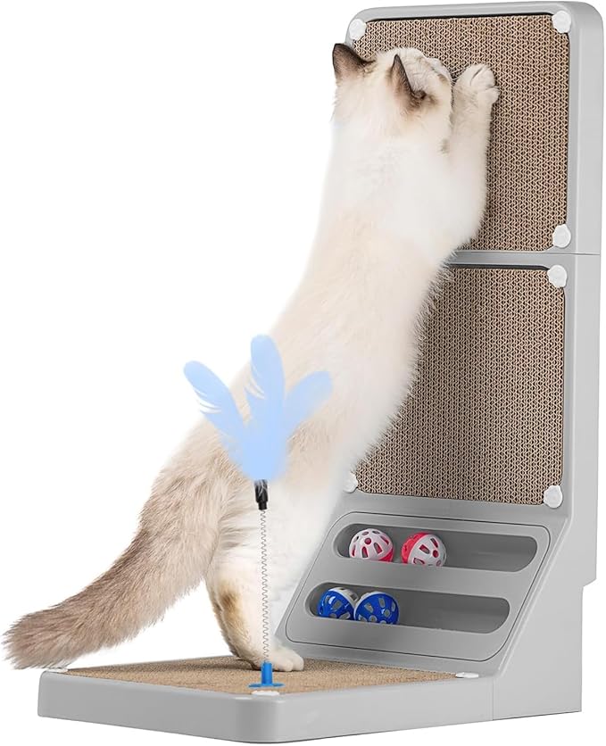 Cat Scratching Post Cat Scratching Board,2-in1 L Shaped Cats Cardboard Scratcher with Box, Kitten Scratcher Ball Wall Scratchers Pad for Indoor Cats Grey