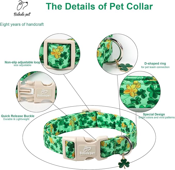 St. Patrick's Day Dog Collar for Large Dogs - Green Shamrock & Yellow Flower Print Dog Collars, Cute Irish Party Puppy Collar, Lightweight Adjustable St. Patricks Day Pet Collars XL