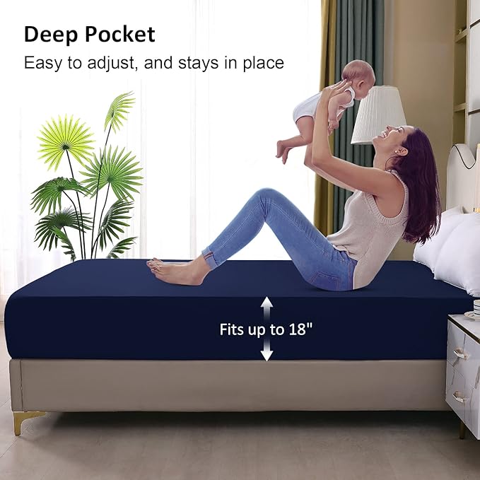 Waterproof Mattress Protector Full, Fitted Sheet Style Breathable Mattress Cover with Deep Pocket Fits Up to 18'', Noiseless Bed Cover for Kids Adults Pets, Machine Washable(Navyblue, 54'' X 76'')