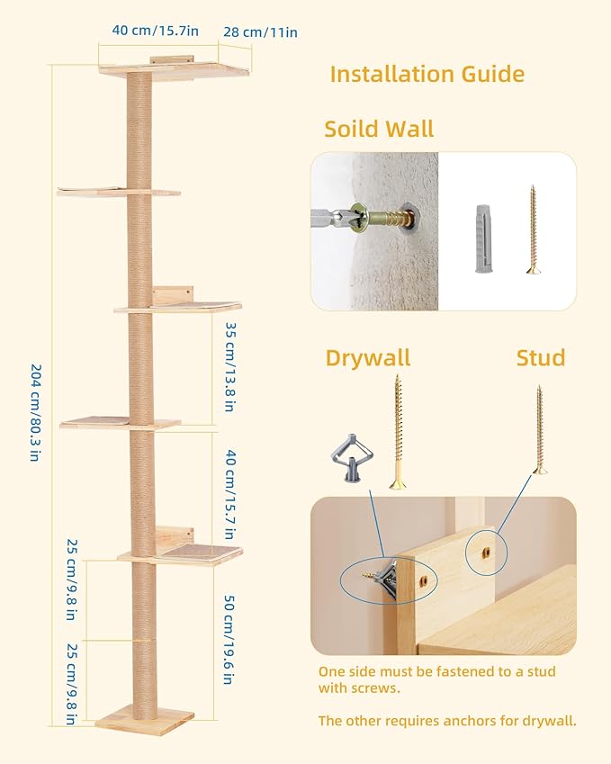 80inch Tall Cat Tree Wall Mount, 15.8in Top Perch Bed for Large Adult Cats, Adjustable Cat Tower Floor to Ceiling for Scratch, Climb, and Lookout