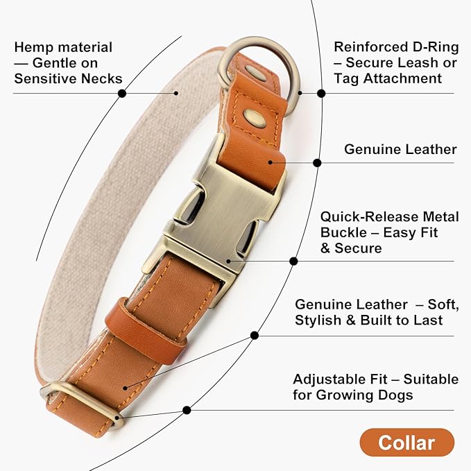 Plutus Pet Genuine Leather & Hemp Dog Collar – Adjustable Heavy Duty Pet Collar with Quick Release Metal Buckle, Soft & Stylish for Puppy and Small, Medium, Large Dogs (Light Brown, S)
