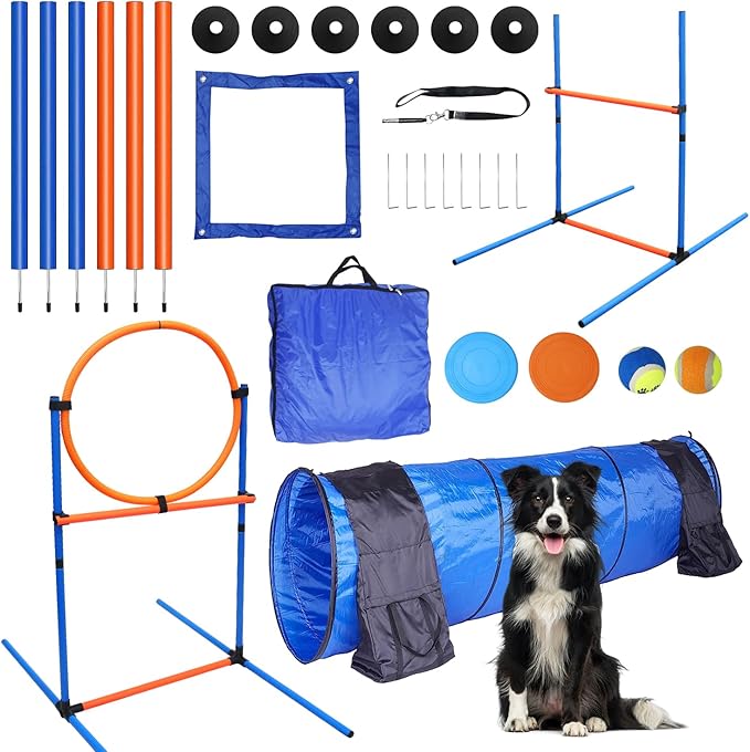Premium Dog Agility Equipment Set Outdoor Indoor Game, Tire Jump + Hurdle Jump, Tunnel, Weave Poles, Pause Box, 2 Toy Balls, 2 Flying Discs, 1 Whistle, 1 Bag, Backyard Dog Training Obstacle Course Kit