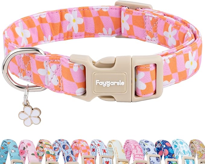Faygarsle Floral Dog Collar, Pink and Orange Pattern with White Flowers, Spring Summer Design for Small Medium Large Dogs S