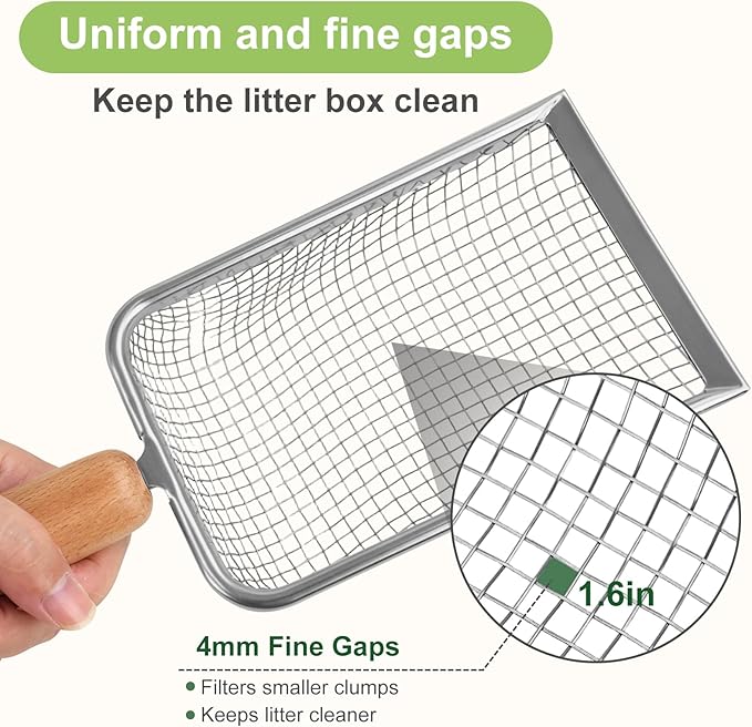 XBX Cat Litter Scoop with Holder – Metal Mesh Litter Scooper, Wooden Handle Fine Litter Scoop with Small Holes for Litter Box, Efficient Sifting and Easy Cleaning