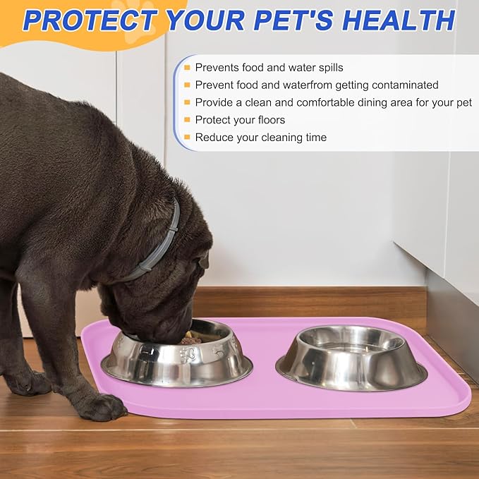 Silicone Pet Feeding Mat with Raised Edge for Food and Water, Dog Bowl Mats, Cat Bowls Placemat with High Lip for Floor Waterproof, Rubber Tray for Cats and Dogs 19 x 12 x0.7 Light Pink