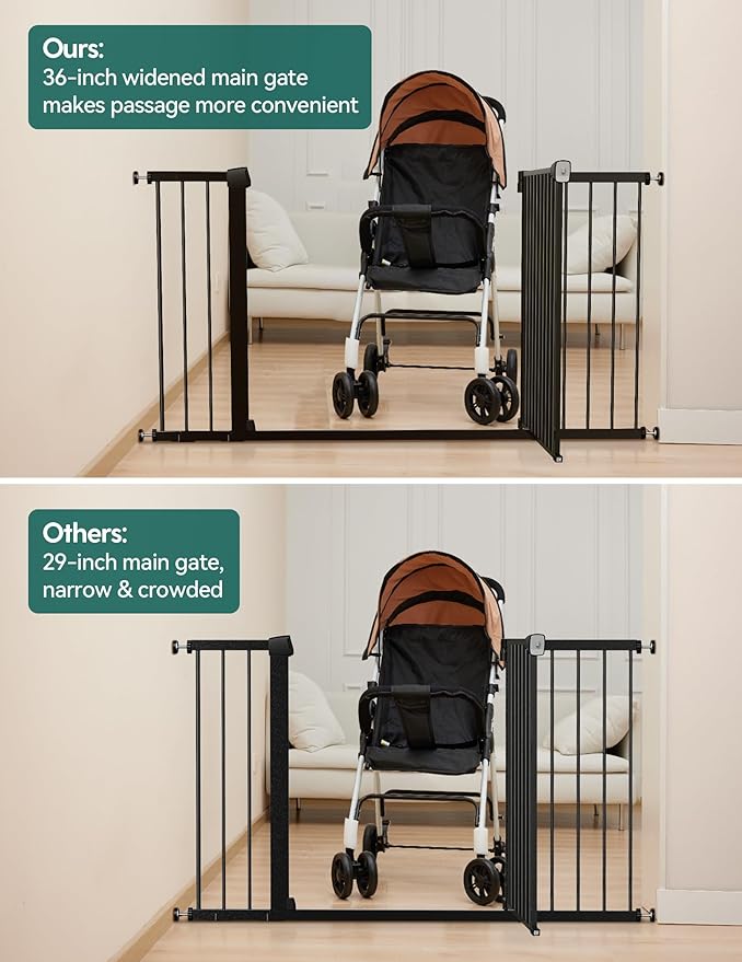 Babelio 36-57" Extra Wide Baby/Dog Gate, Auto Close for The House, Stairs and Doorways, Pressure Mounted for Pet with Large Walk Thru Door, No Need Tools and Drilling, Black