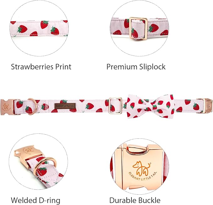 Elegant little tail Dog Collar, Strawberries Print Pet Collar Summer Dog Collar Durable Metal Buckle Dog Collars Cotton Pet Adjustable Dog Collars for Small Dogs