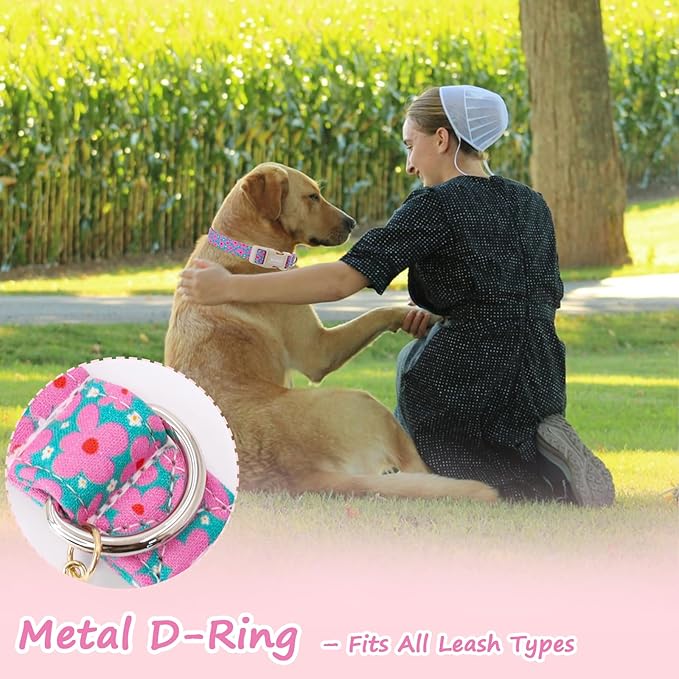 Cotton Floral Dog Collar,Green Dog Collar with Pink Flower, Adjustable Puppy Dog Collars for Small Medium Large, Cute Girl or Boy Dog Collar Ideal for Gifts,Pet Accessory,S