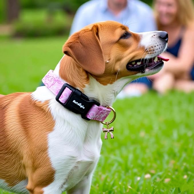 Large Dog Collar, Girl Boy Dog Collars with Bow Pattern, Adjustable Cotton Pink Dog Collar for Puppy, Cute Holiday Collars for Dogs, Ideal for Gifts,Pet Accessory,Daily Walk-L