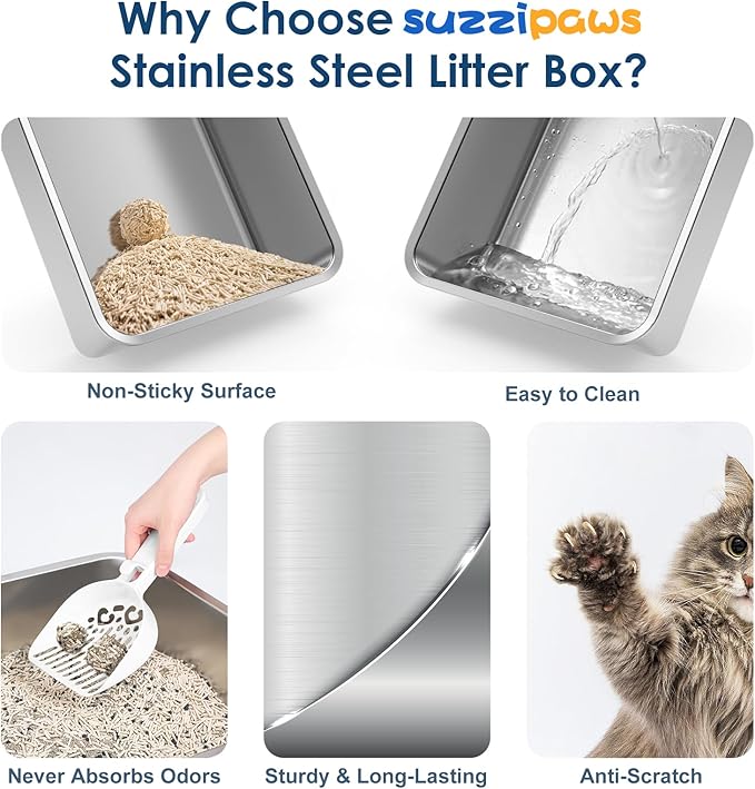 Stainless Steel Cat Litter Box with Enclosed Lid Extra Large Litter Box for Big Cats XL Metal Litter Tray Pan with High Sides Wall Enclosure, Easy Cleaning, Anti-Leakage, Non-Sticky (Charcoal Gray)