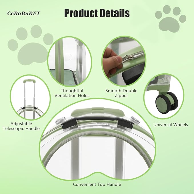 Transparent & Fully Breathable Hard Cat Carrier with Rolling Wheels, Multiple Carrying Carrier for Cats, Dogs, Or Bunnies for Traveling, Taking a Walk, Applicable Weighing up to 19.84lbs (Green,Clear)
