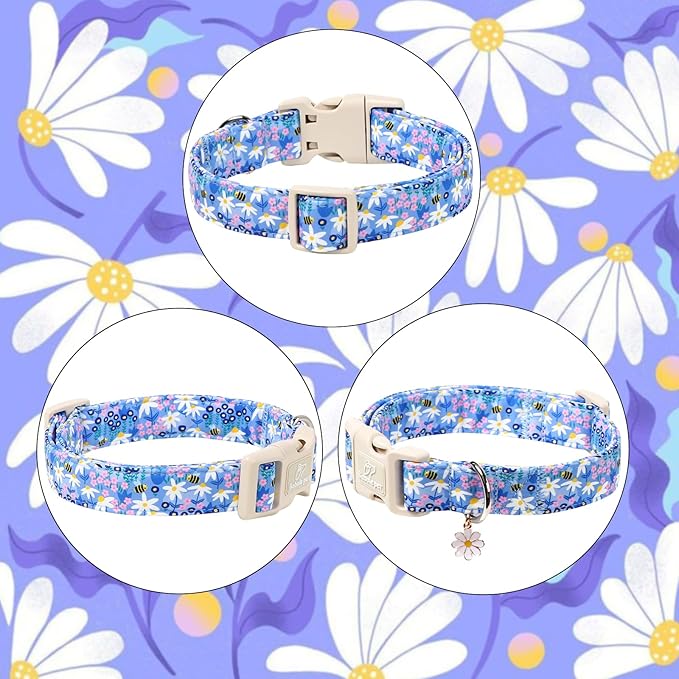 Floral Dog Collar for Large Dogs - Cute Spring Dog Collars, Soft Lightweight Bee & Daisy Puppy Collar, Breathable Adjustable Male Female Blue Wildflowers Dogs Collars XL