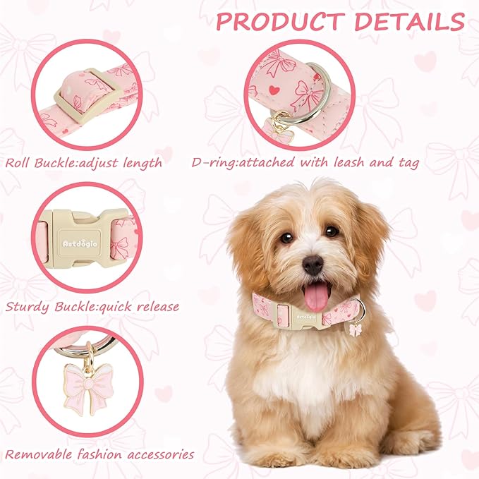 Pink Bow Dog Collar, Adjustable Cotton Dog Collar for Small Medium Large Dogs, Cute Puppy Collars for Girl Female Dogs, Ideal for Gifts,Pet Accessory,L