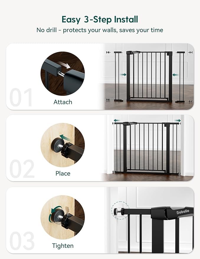Babelio Metal Auto Close Baby Gate PressGuard P7, 29-48" Wide 30" Tall Extra Wide Pet Gate for The House and Doorways, Pressure Mounted Walk Thru Child Gate with Door, Black