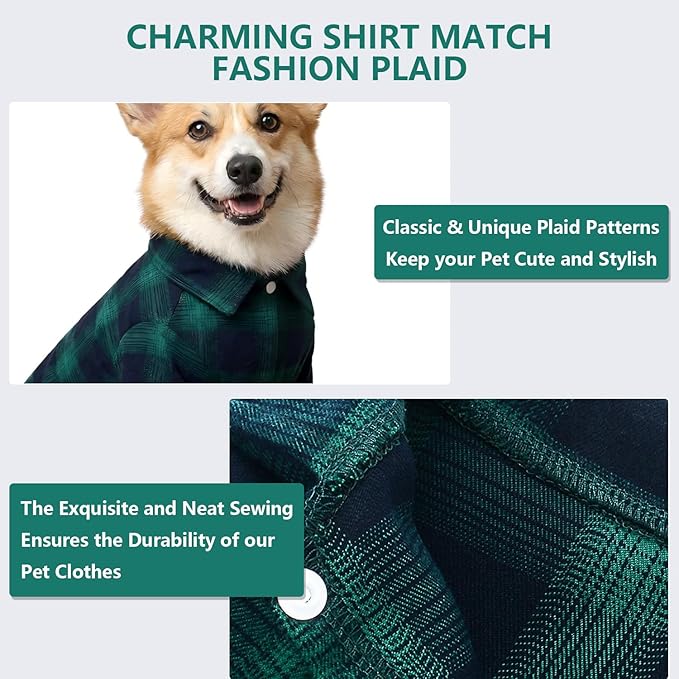 Koneseve Dog Shirt, Pet Plaid Clothes T-Shirt Sweater Matching Breathable for Small Medium Large Dog Cat Puppy Adorable Casual Cozy Halloween Thanksgiving Christmas Costumes (Green; 4XL)