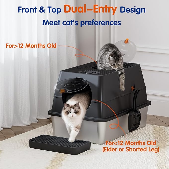 Stainless Steel Litter Box with Lid, XL Extra Large Cat Litter Box Enclosure, Front & Top Entry Covered Metal Cat Box with Steps & Scoop, Easy Cleaning