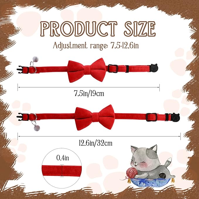 Sliverdew 2 Pcs Velvet Cat Collar with Bell and Bowtie, Adjustable Breakaway Cat Collars Kitten Small Puppy Safety Bow Tie Solid Wedding Basic Color Cat Bow Tie Collar