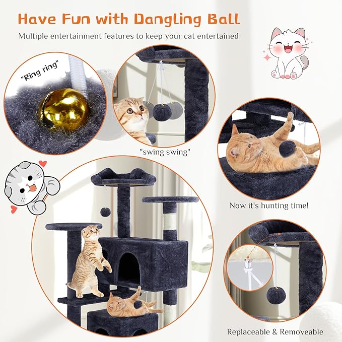 Sweetcrispy 54 Inch Cat Tree Tower, Multi-Level Tower with Cat Scratching Post, Indoor Cat Condo with Climbing Ladder, Plush Toy, Play House for Cat, Dark Grey