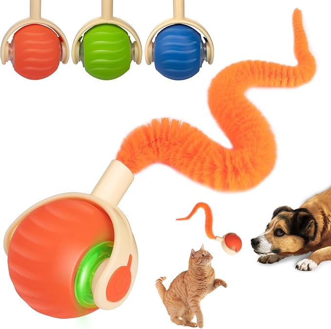 Interactive Cat & Dog Toy Ball, Automatic Moving/Jumping/Bouncing, Smart Pet Chase Ball with Feather Tail, Electric Rechargeable Enrichment Toys for Indoor Bored Cats & Small Dogs (Orange)