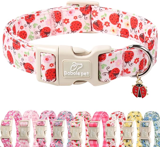 Lucky Ladybug Dog Collar for Puppy Small Dogs - Sweet Pink Girl Dog Collars, Lightweight Adjustable Spring Garden Mom Dogs Collars with Quick Release Buckle XS