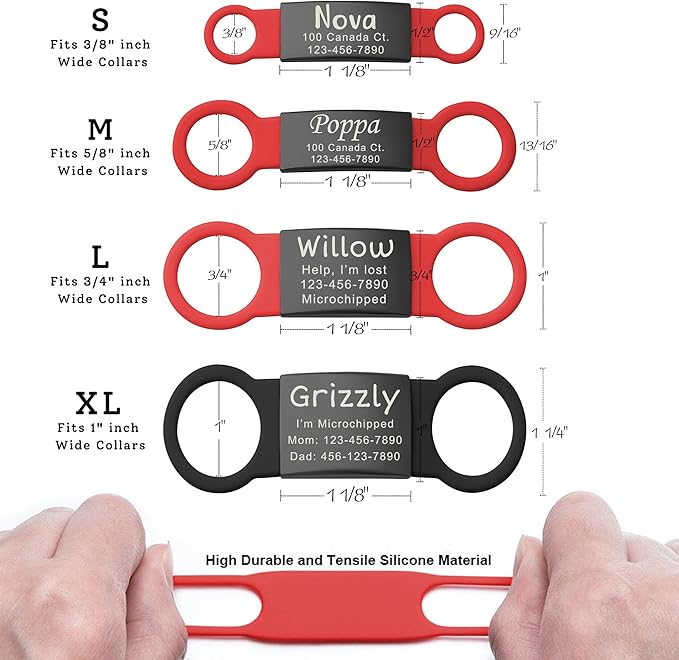 Anavia Slide On Silent Pet ID Tags, S/M/L/XL Personalized Black Stainless Steel Colored Silicone Cat Dog Name Tag, Customized Engraved Nameplate, Quiet Chew-Proof Pet Collar Tag (White, Small)