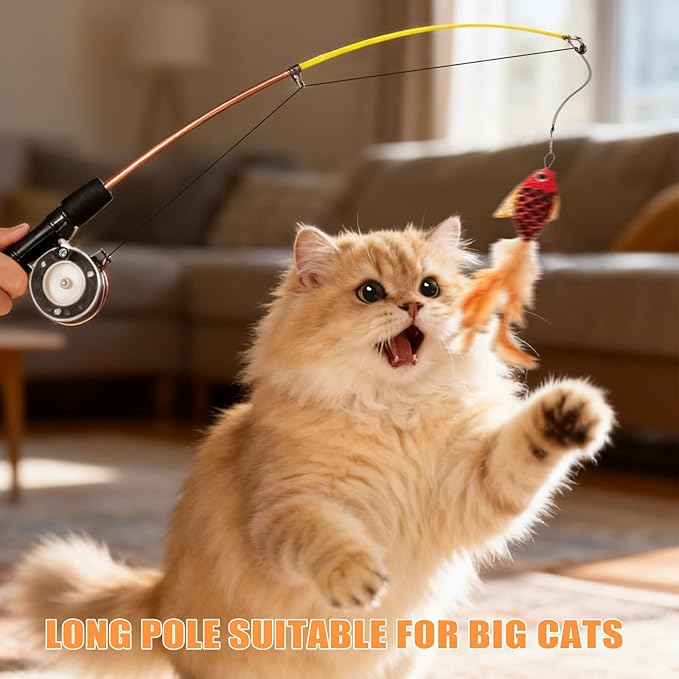 Cat Toys Interactive for Indoor Cats Wand Retractable Fishing Pole with Fish and Feather,Teaser Kitten Toy Bored Adult Pet for Enrichment Playtime Fun,Promotes Healthy Exercise