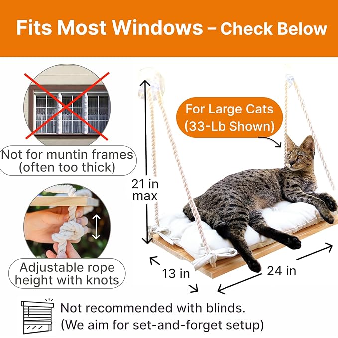 Large Cat Window Perch with Industrial-Grade Suction Cups – Solid Pine Wood Hammock Bed, Soft Cushion - 42 lb Capacity for Heavy Cats Inside
