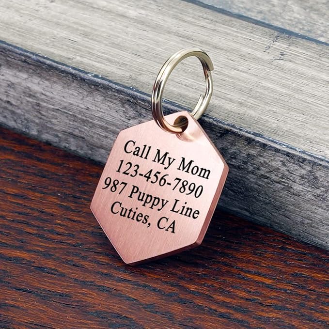 Ultra Joys Custom Personalized Dog ID Tag - Stainless Steel Hexagon Rose Gold Large