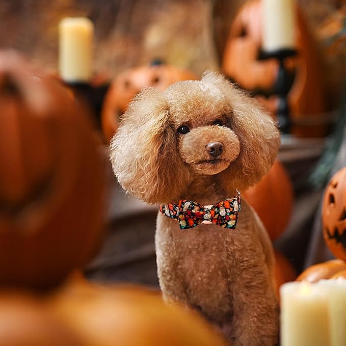 Fall Dog Collar, Leaf Pumpkin Print Adjustable Pet Collar Cute Cotton Soft Collars with Bow Tie Metal Buckle Holiday Puppy Collars Boy&Girl Gift for Small Dogs