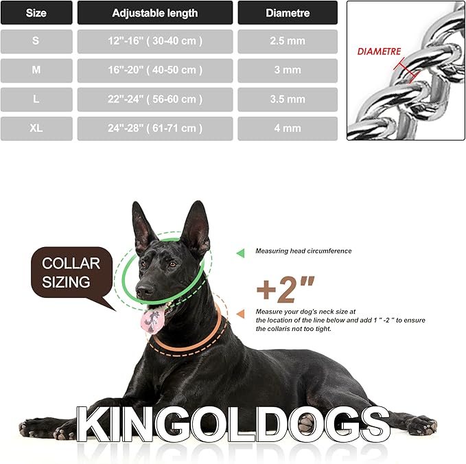 Silver Dog Chain Collar, Stainless Steel, Adjustable, Walking, Metal Cuban Link, Chew Proof, Double Row, for Large, Small, Medium Dogs