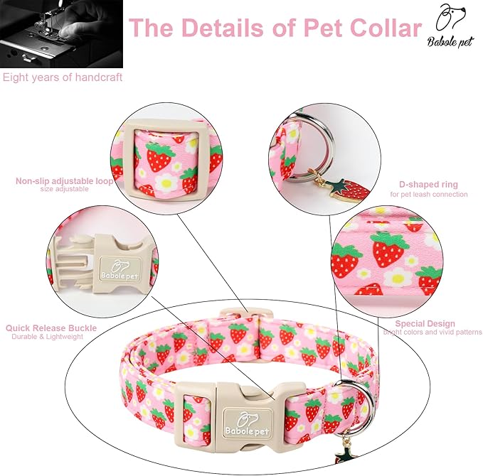 Cute Spring/Summer Dog Collar, Adjustable Pink Strawberry Dog Collars for Medium Dogs, Lightweight Quick-Release Buckle Collar for Boy&Girl Dogs M