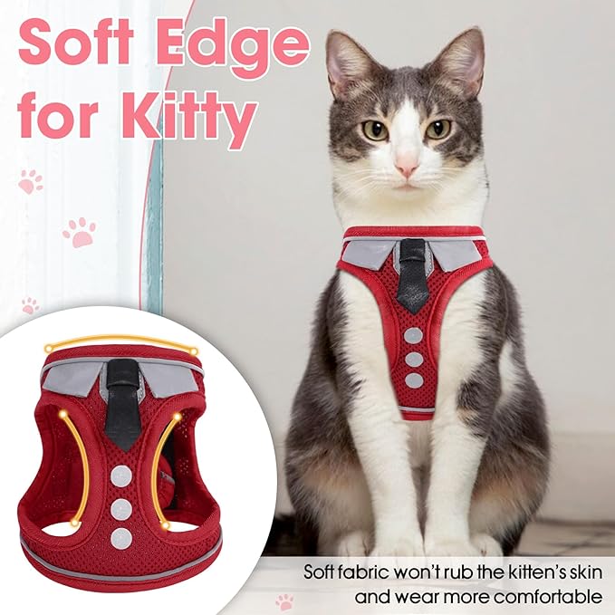 Cat Harness and Leash Set for Walking Escape Proof, Soft Adjustable Kitten Harness Breathable Mesh with Reflective Strips Harness for Kitty Puppy Bunny(Red,S)
