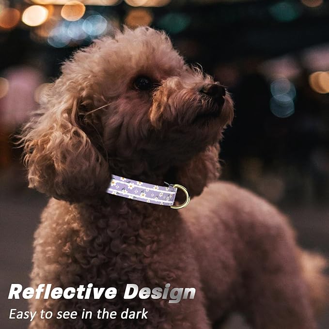 Reflective Dog Collar for Large Dogs, Cute Flower Theme Adjustable Heavy-Duty Nylon Puppy Collar for Boy and Girl Female, Soft Pet Accessories with Quick Release Buckle, Purple White