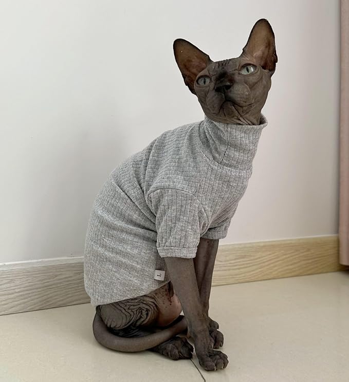Sphynx Hairless Cats Shirt Cotton Cat Turtleneck Sweater Pullover Kitten T-Shirts with Sleeves Cat Pajamas Jumpsuit for Sphynx Cornish Rex, Devon Rex, Peterbald (Large (Pack of 1), Light Grey)