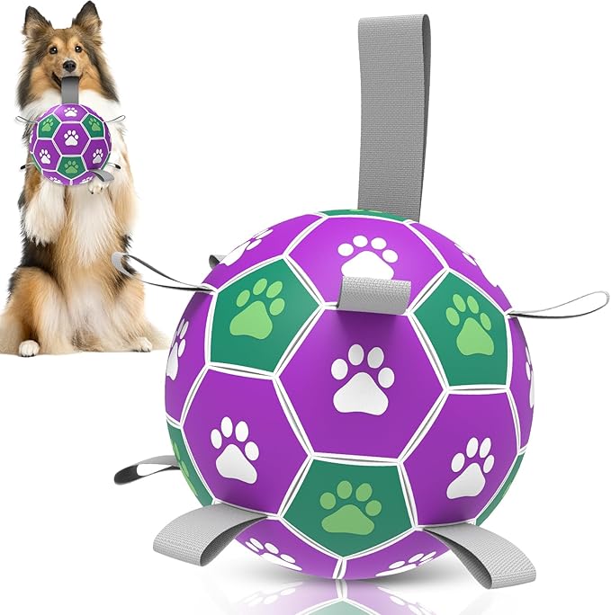 Diman Dog Balls with Nylon Straps, Puppy Soccer Ball for Dogs, Outdoor Dog Toys, Durable Fetch Pet Toy for Training, Birthady Gift for Large Pets (7 Inch)