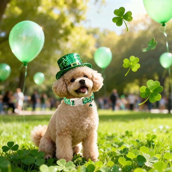 St. Patrick's Day Dog Collar for Small Dogs - Green Shamrock & Yellow Flower Print Dog Collars, Cute Irish Party Puppy Collar, Lightweight Adjustable St. Patricks Day Pet Collars S