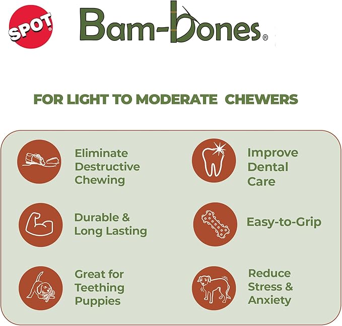 SPOT Bam-Bones Wishbone - Made with Strong Bamboo Fiber, Durable Long Lasting Dog Chew for Light to Moderate Chewers, Great Toy for Adult Dogs & Teething Puppies Under 50lbs, 7in, Bacon Flavor